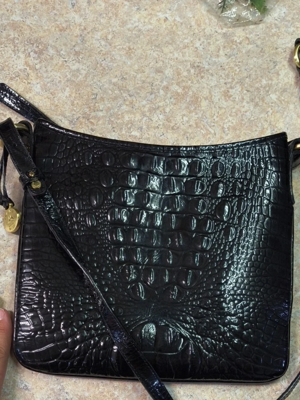 Brahmin Black Croc-Embossed Crossbody with Gold Hardware GUC.